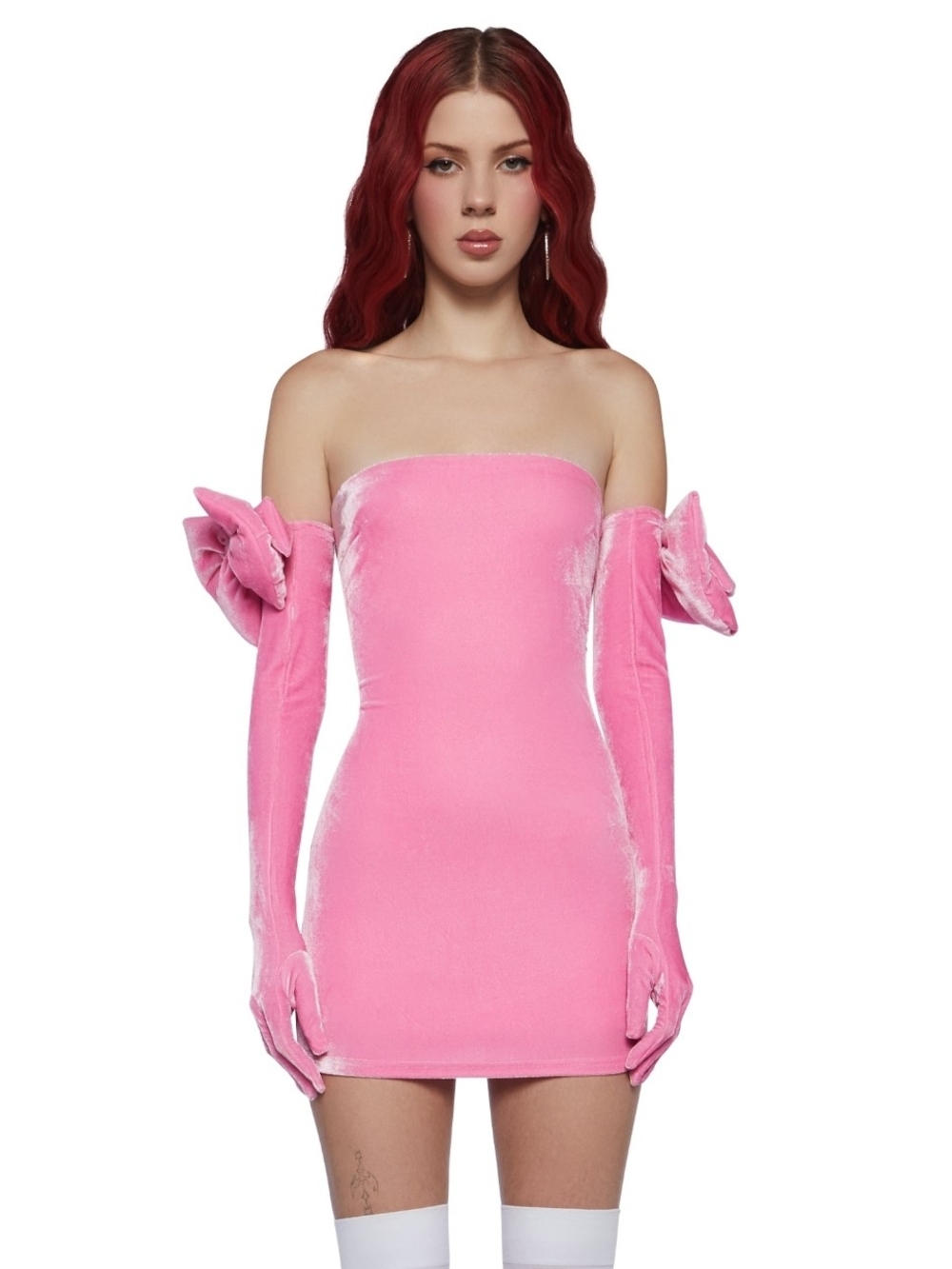 Sugar Thrillz Strapless Pink Velvet Mini Dress with Bow Gloves